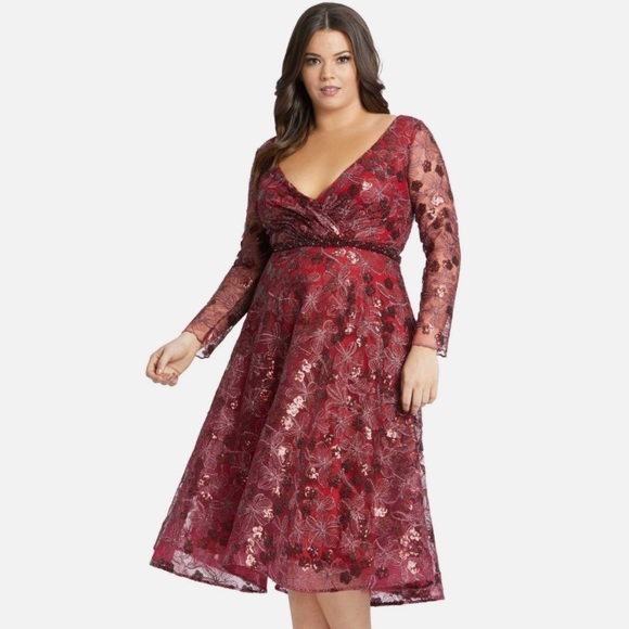 MAC DUGGAL Embellished Illusion Long Sleeve Fit & Flare Dress. - Picture 3 of 16